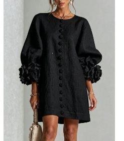 Women's Linen Mini Dress with 3D Flower Sleeves, Button Front and Pockets