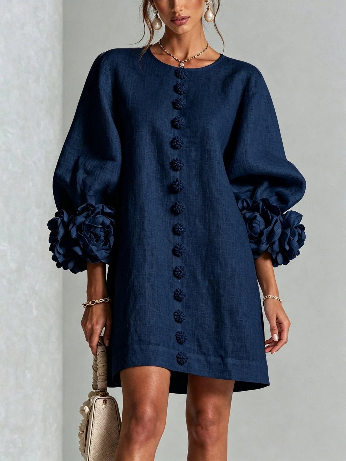 Women's Linen Mini Dress with 3D Flower Sleeves, Button Front and Pockets