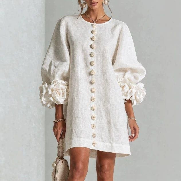 Women's Linen Mini Dress with 3D Flower Sleeves, Button Front and Pockets