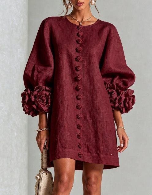 Women's Linen Mini Dress with 3D Flower Sleeves, Button Front and Pockets