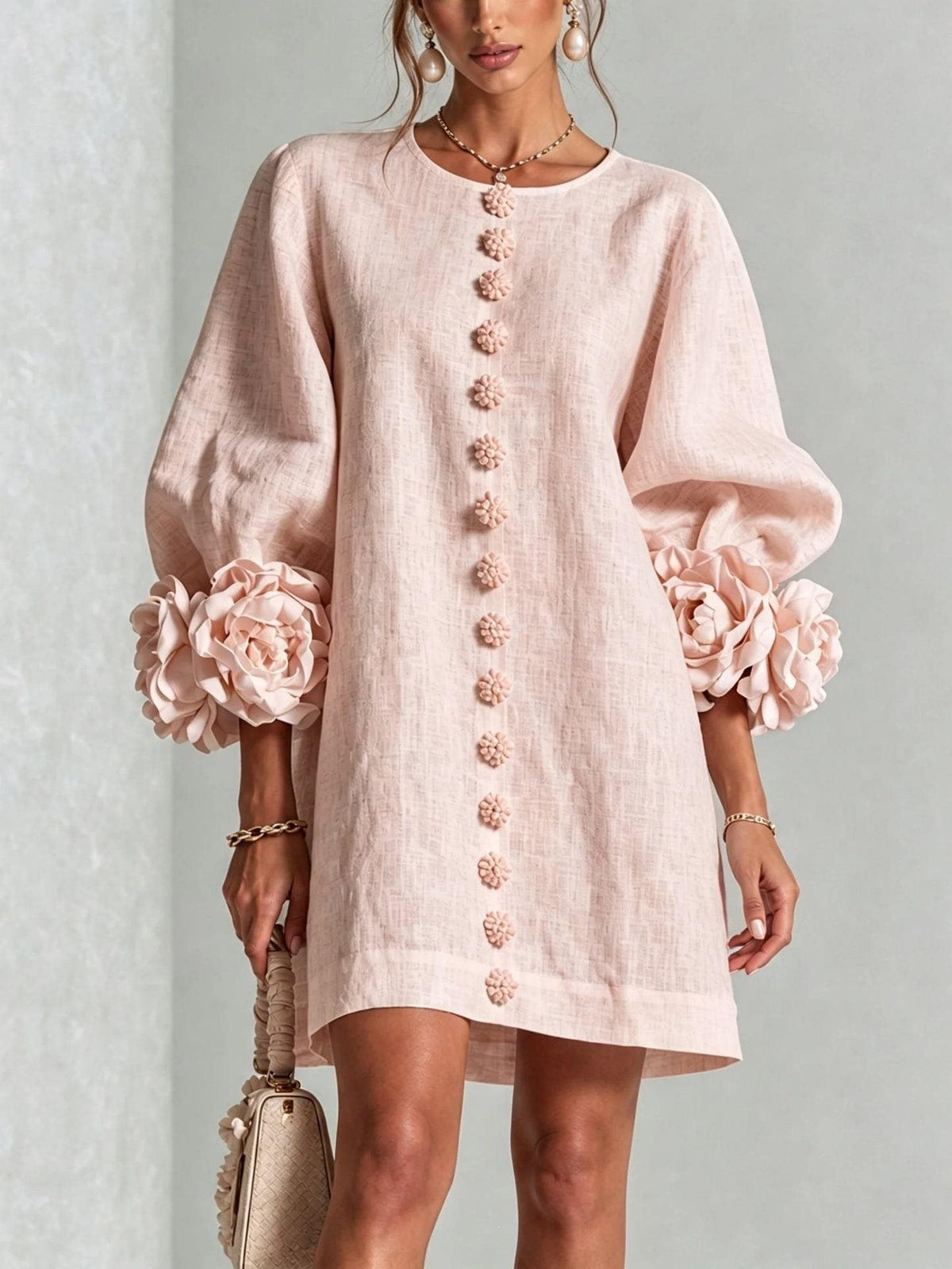 Women's Linen Mini Dress with 3D Flower Sleeves, Button Front and Pockets