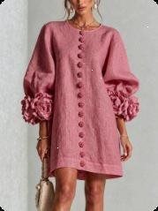Women's Linen Mini Dress with 3D Flower Sleeves, Button Front and Pockets