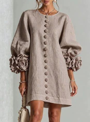 Women's Linen Mini Dress with 3D Flower Sleeves, Button Front and Pockets