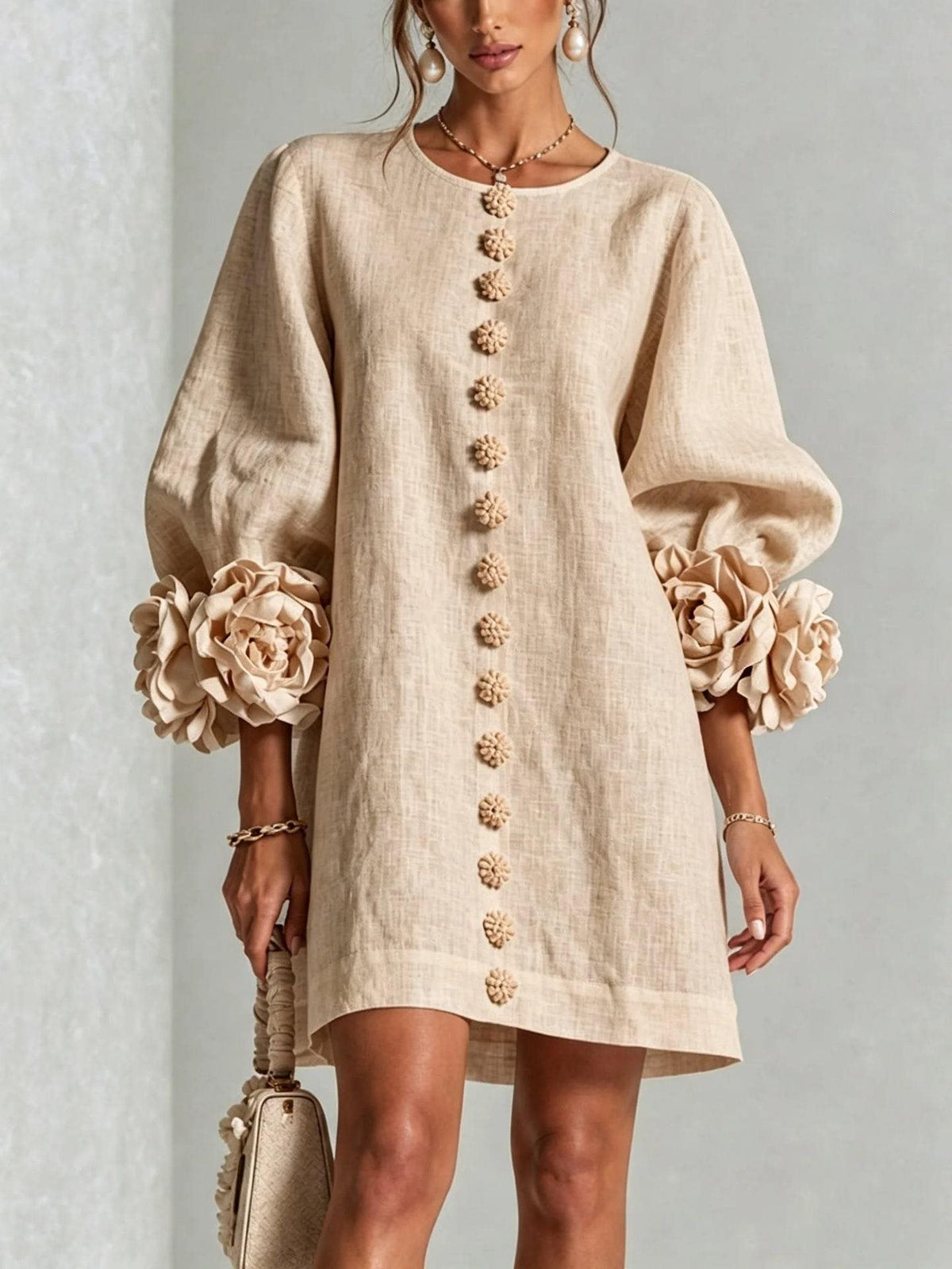 Women's Linen Mini Dress with 3D Flower Sleeves, Button Front and Pockets