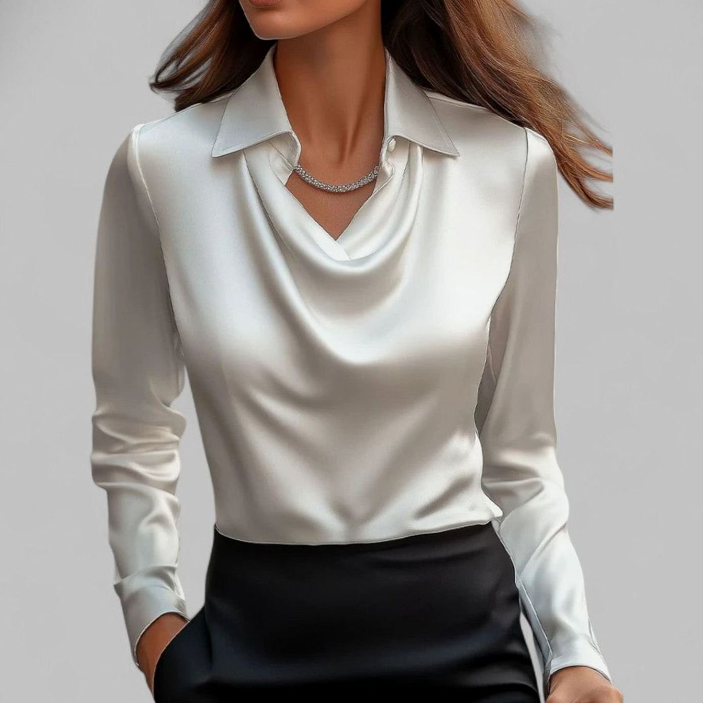 Women's Long Sleeve Draped-Neck Satin Collared Blouse Top
