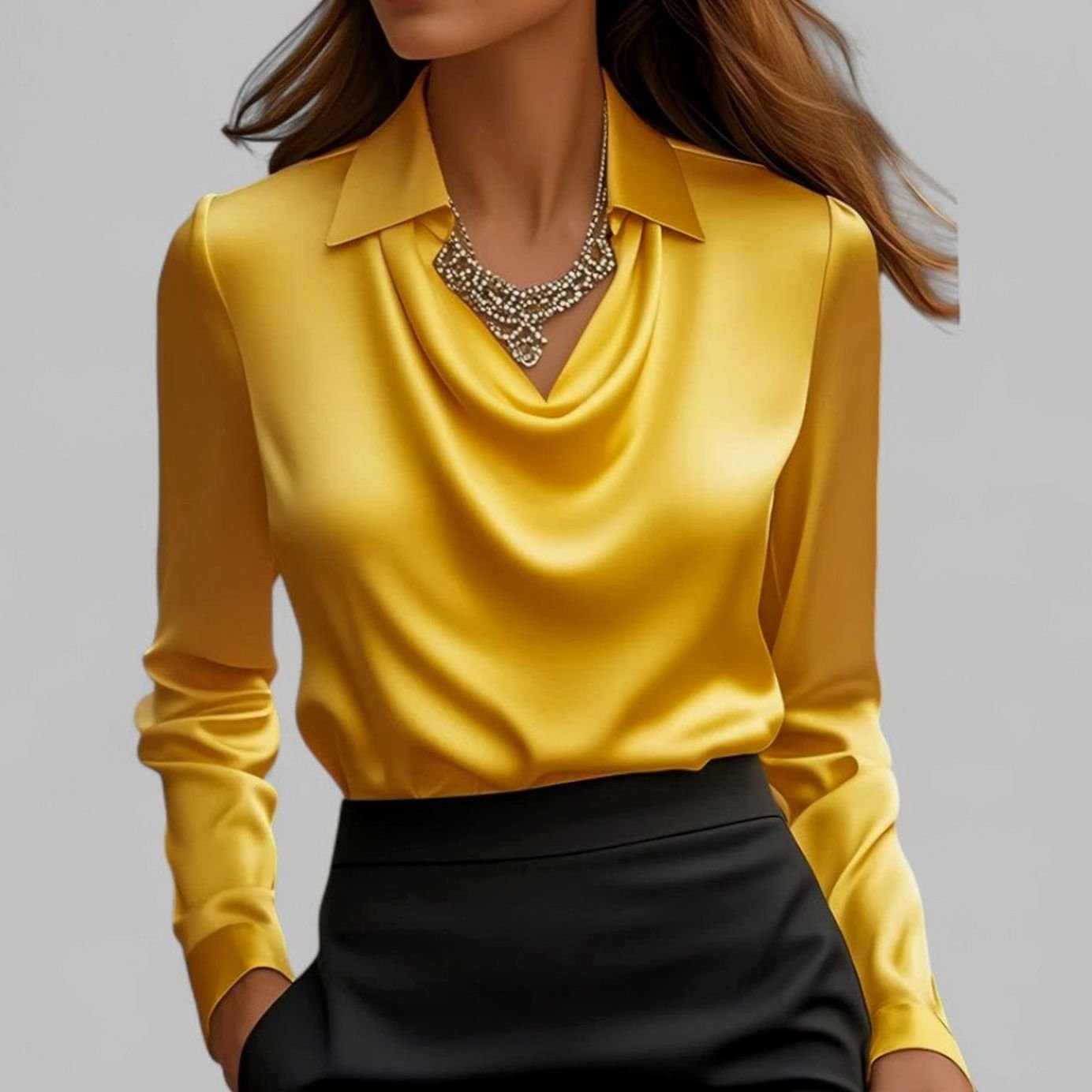 Women's Long Sleeve Draped-Neck Satin Collared Blouse Top