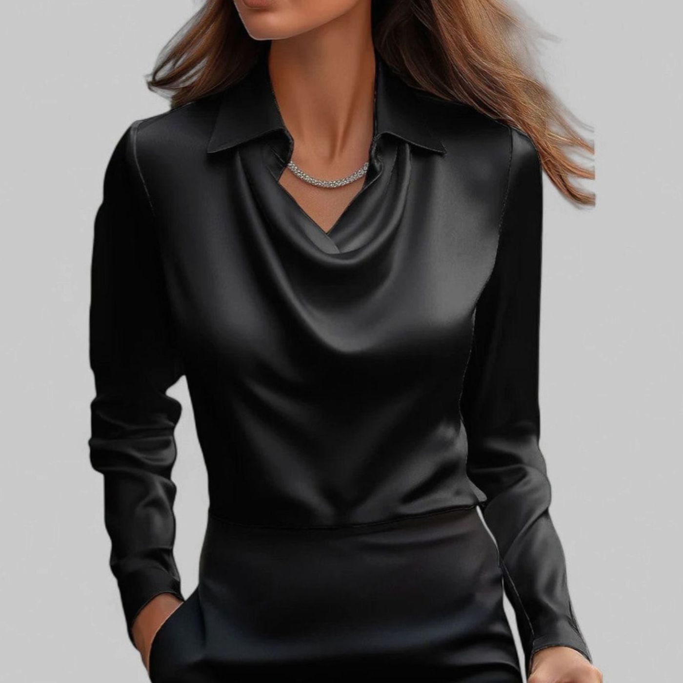 Women's Long Sleeve Draped-Neck Satin Collared Blouse Top