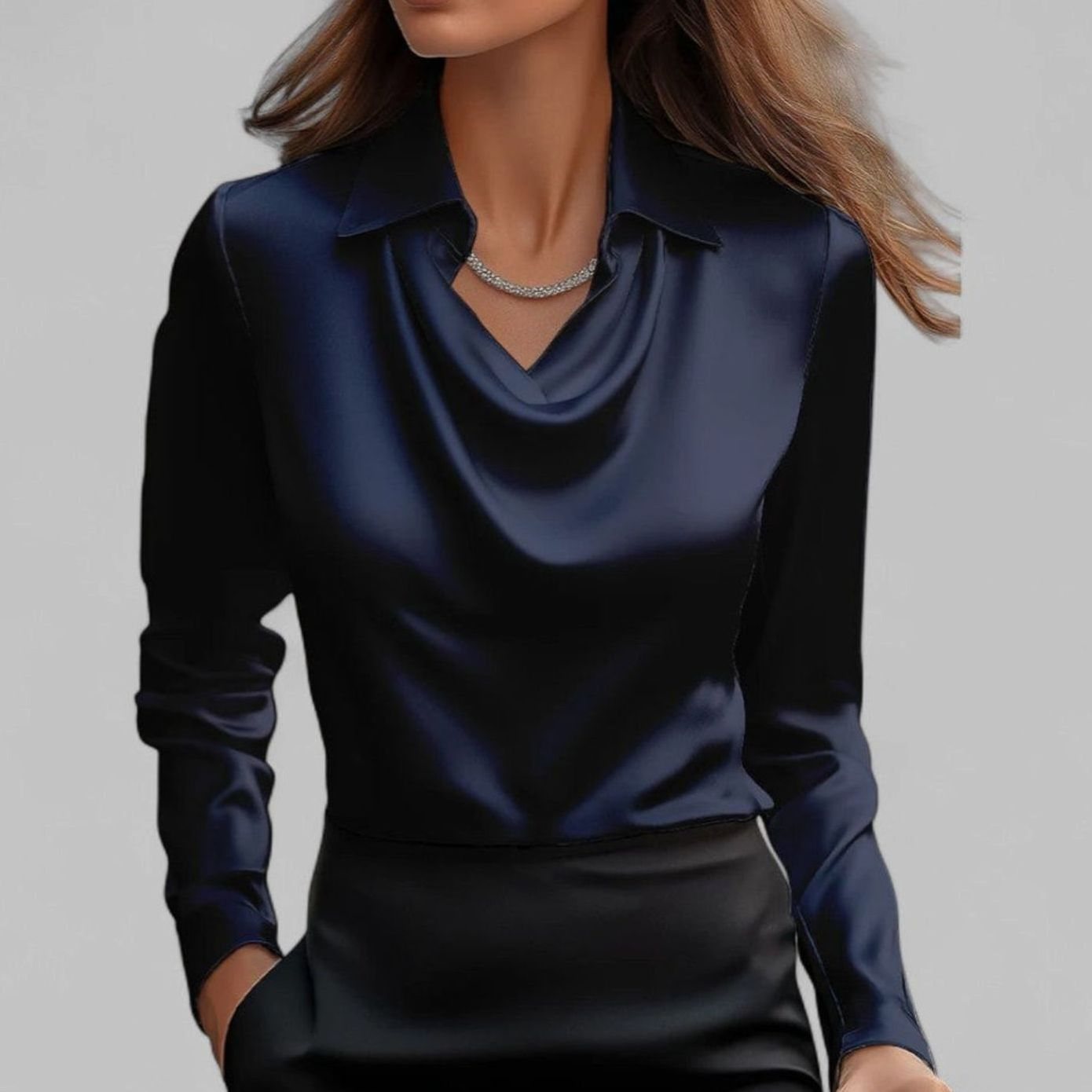 Women's Long Sleeve Draped-Neck Satin Collared Blouse Top
