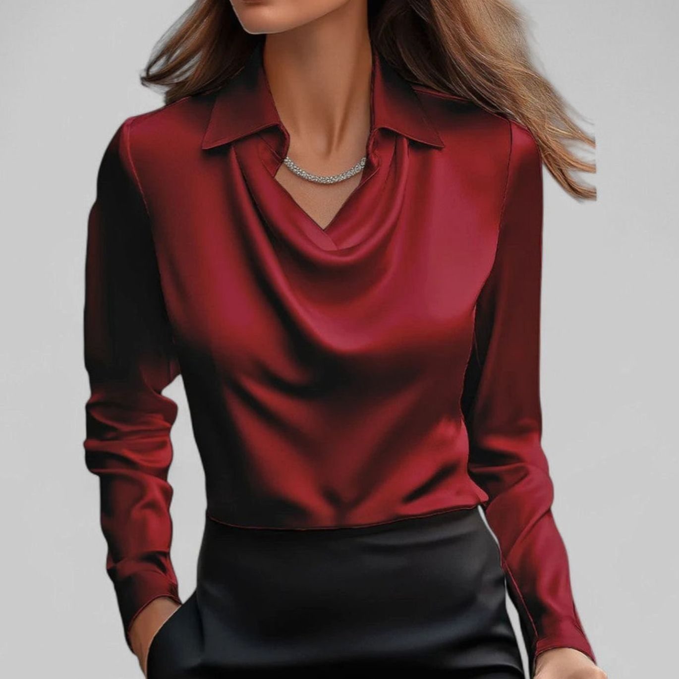 Women's Long Sleeve Draped-Neck Satin Collared Blouse Top