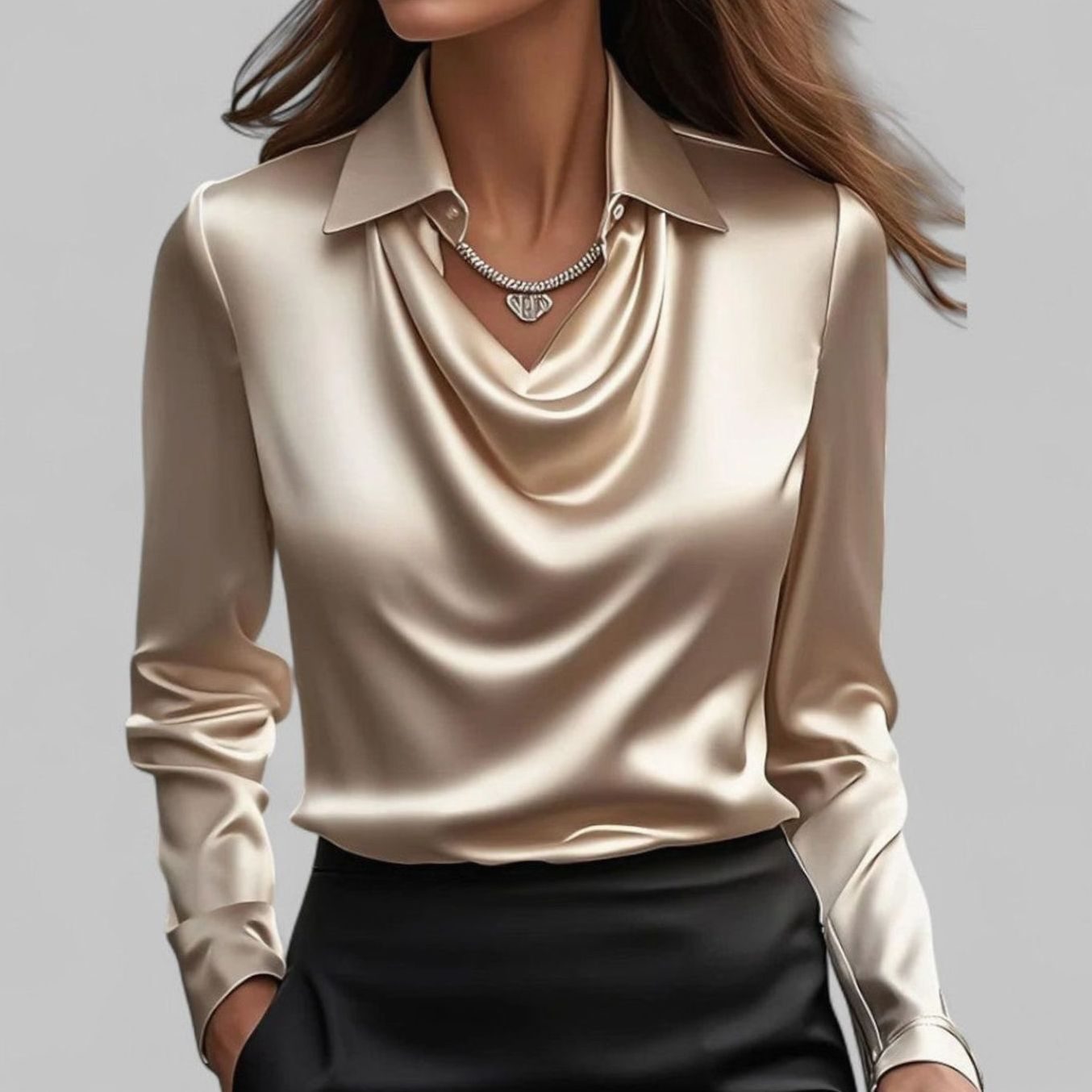 Women's Long Sleeve Draped-Neck Satin Collared Blouse Top