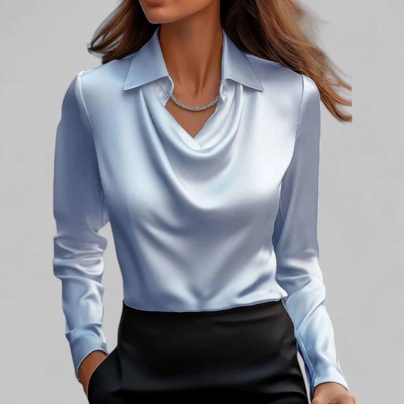 Women's Long Sleeve Draped-Neck Satin Collared Blouse Top