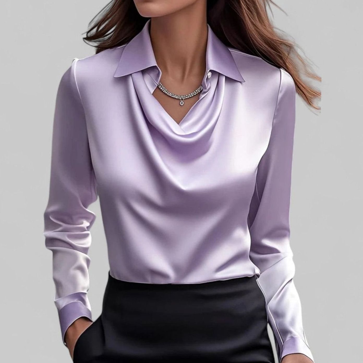 Women's Long Sleeve Draped-Neck Satin Collared Blouse Top