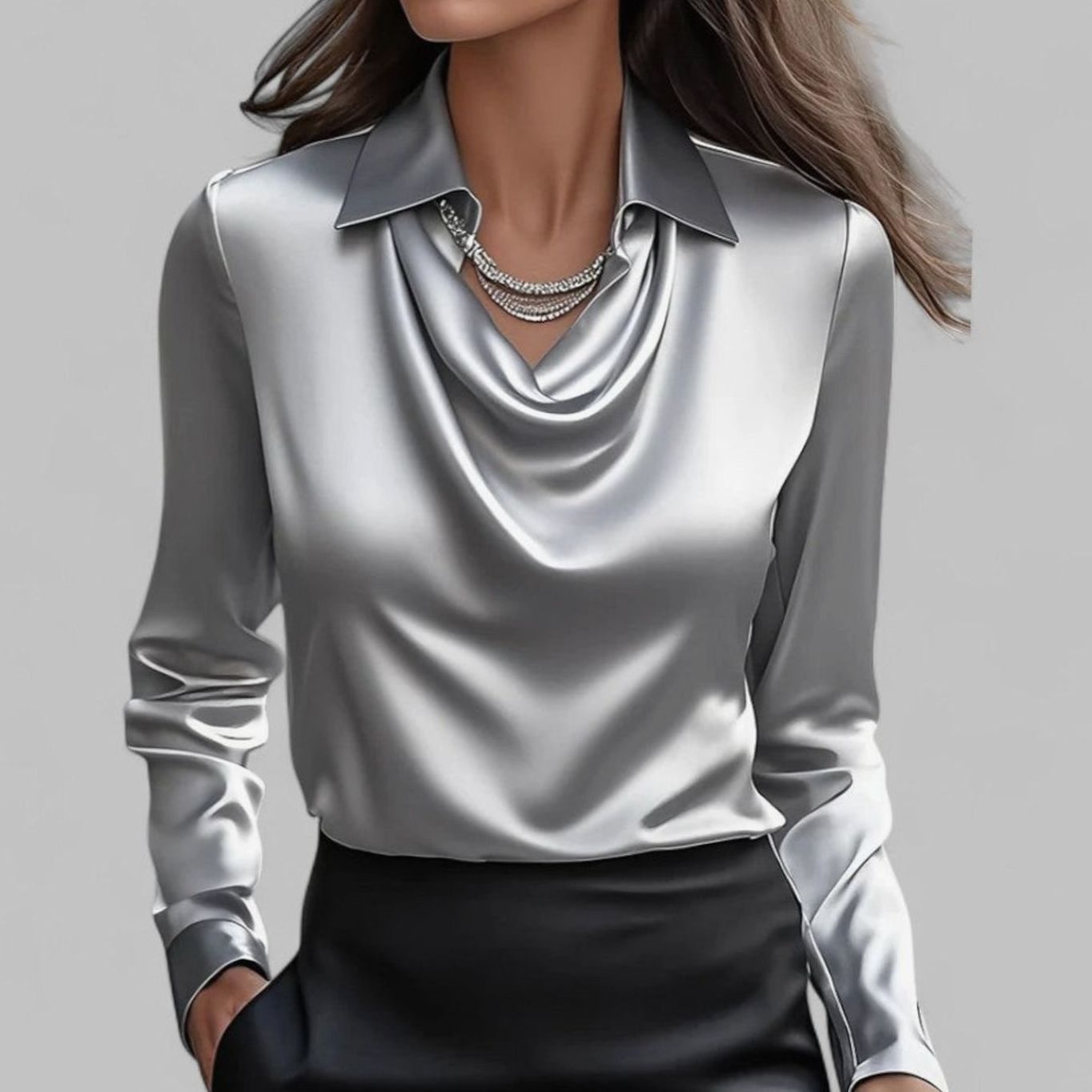 Women's Long Sleeve Draped-Neck Satin Collared Blouse Top