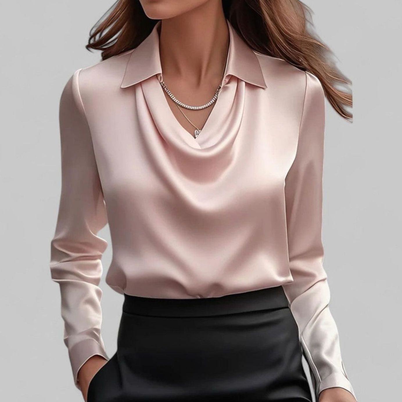 Women's Long Sleeve Draped-Neck Satin Collared Blouse Top