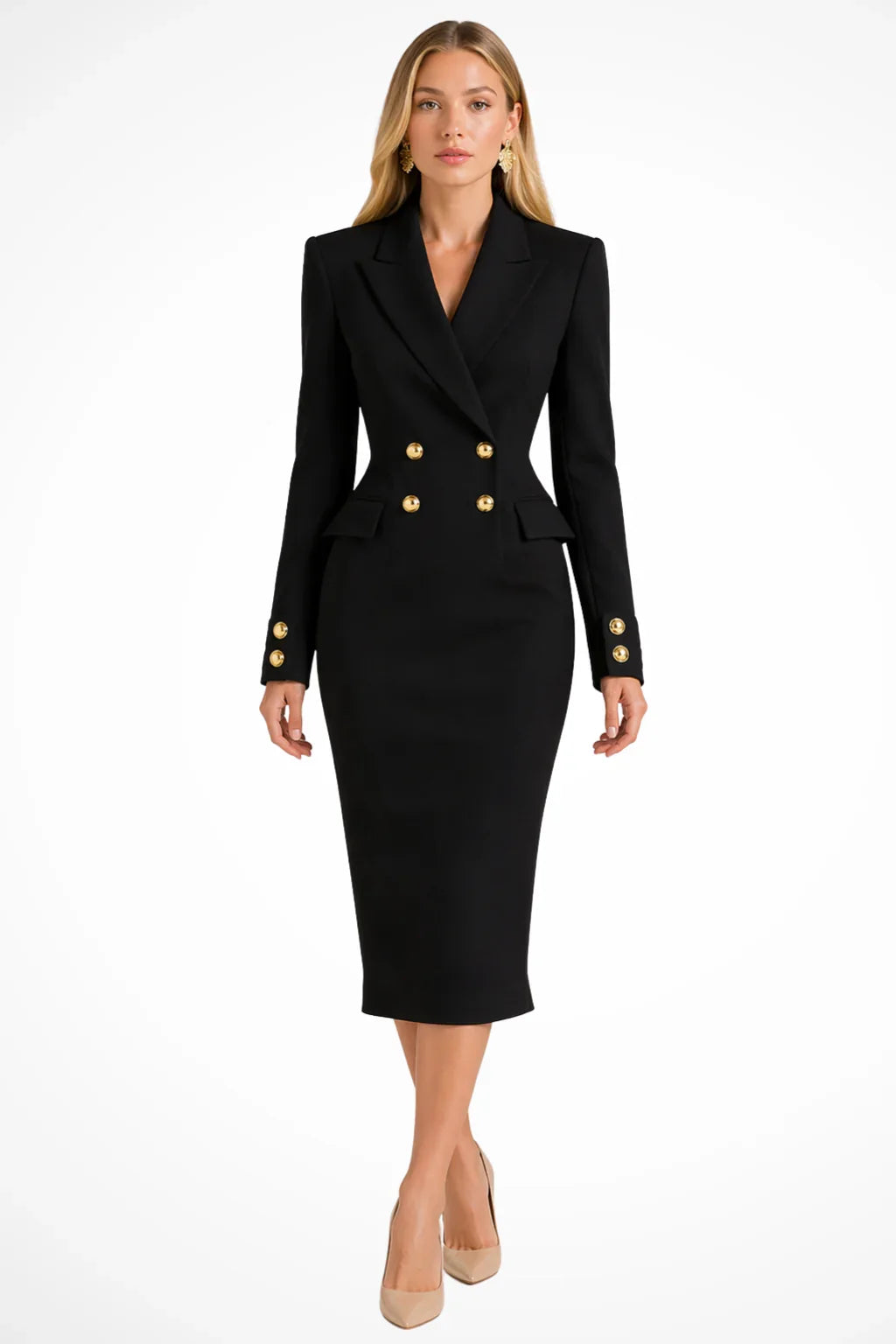 Women's Longline Double-Breasted Blazer Occasion Midi Dress with Buttons