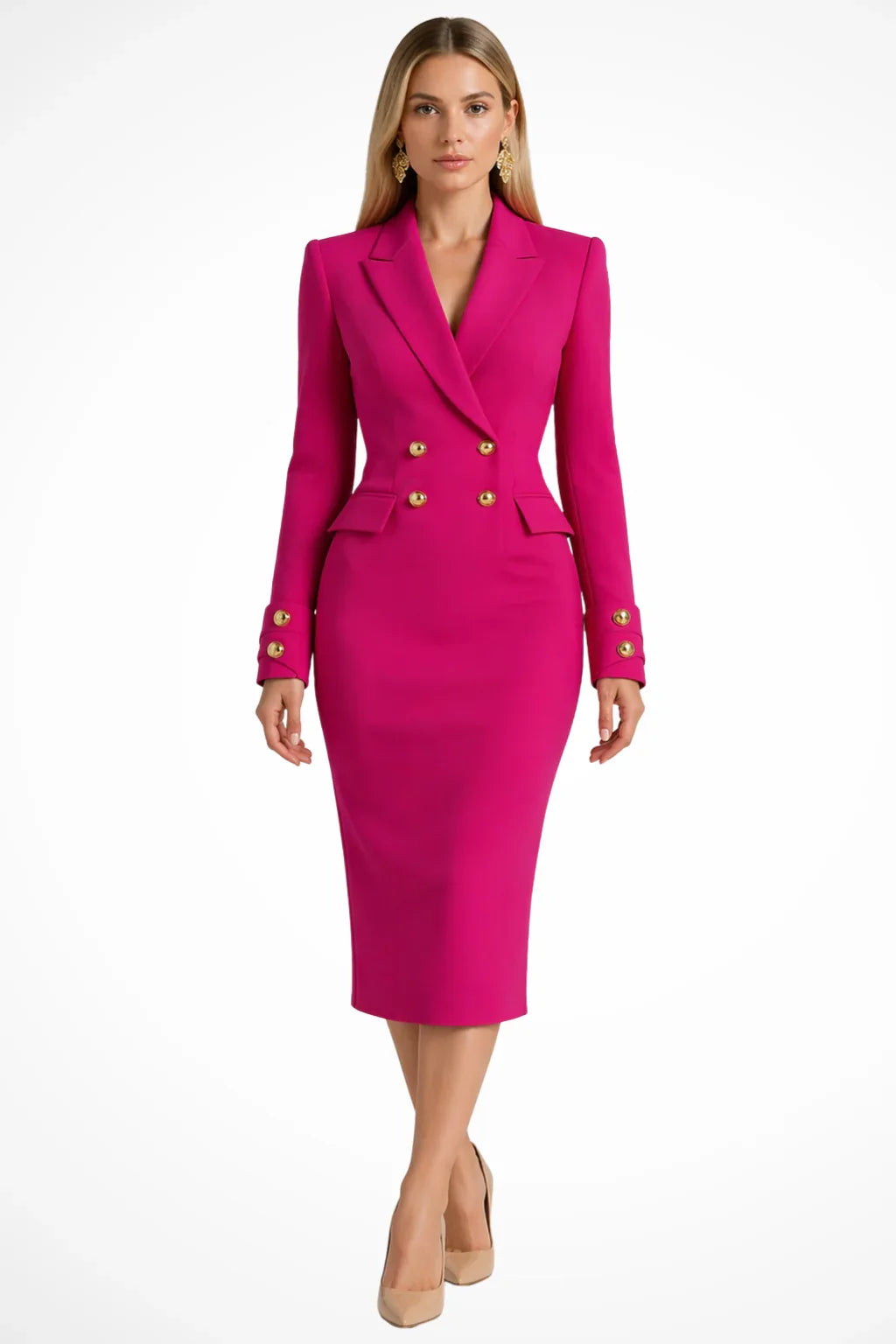 Women's Longline Double-Breasted Blazer Occasion Midi Dress with Buttons