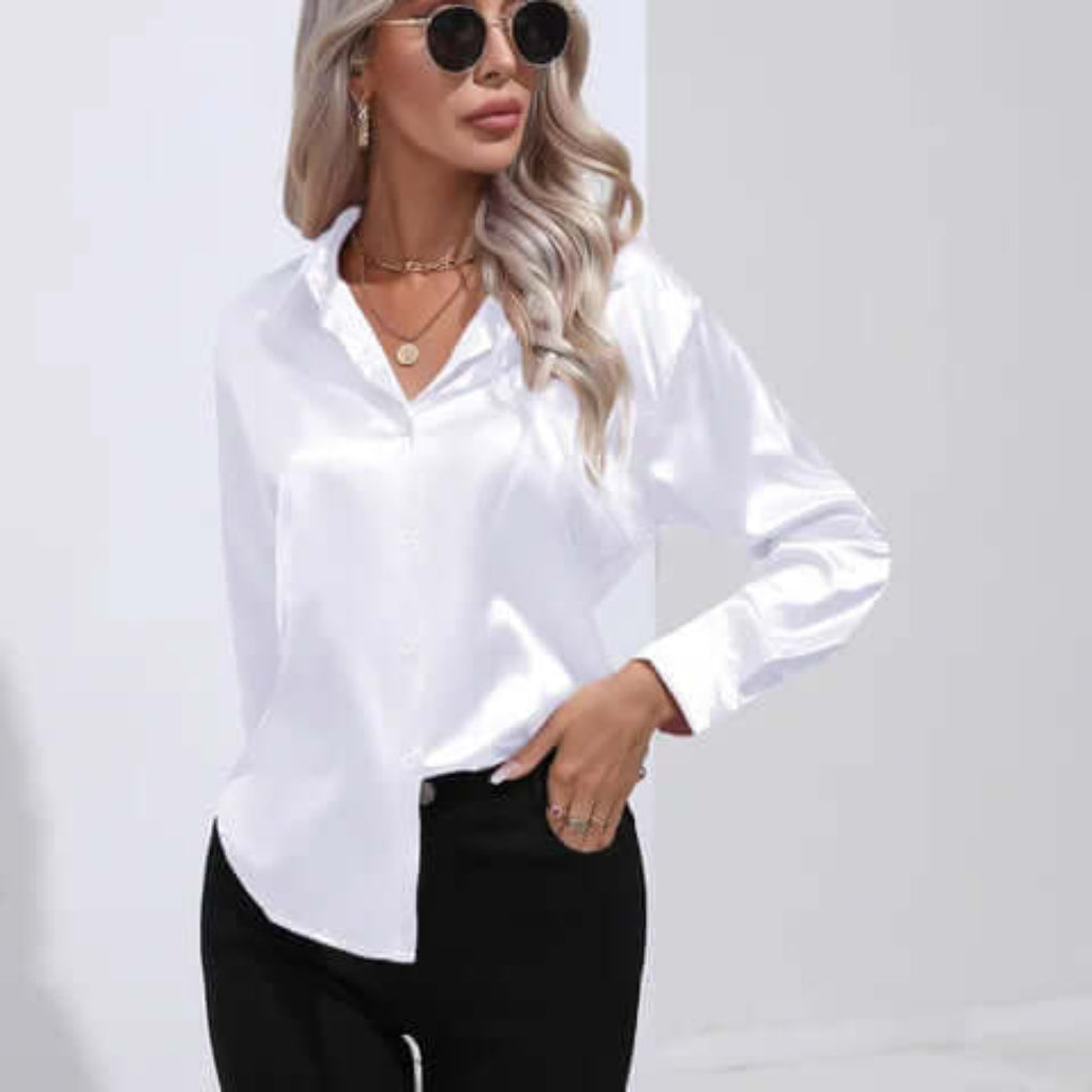 Women's Loose Fit Long Sleeve Satin Blouse