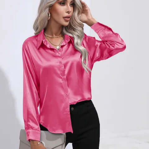 Women's Loose Fit Long Sleeve Satin Blouse