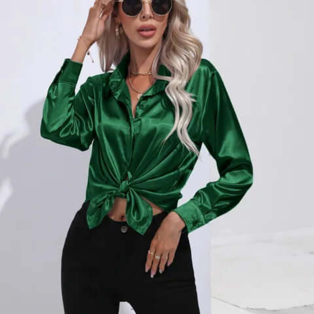 Women's Loose Fit Long Sleeve Satin Blouse
