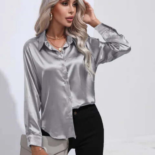 Women's Loose Fit Long Sleeve Satin Blouse