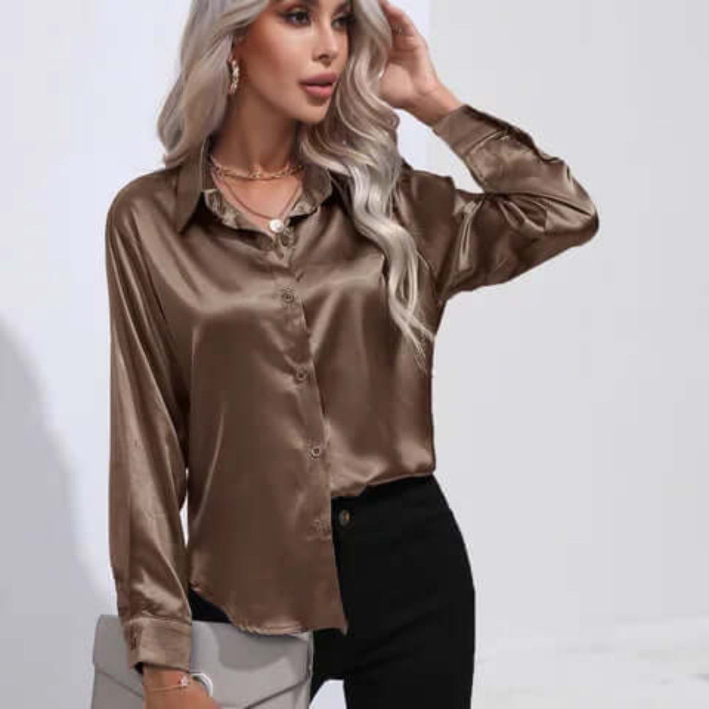 Women's Loose Fit Long Sleeve Satin Blouse