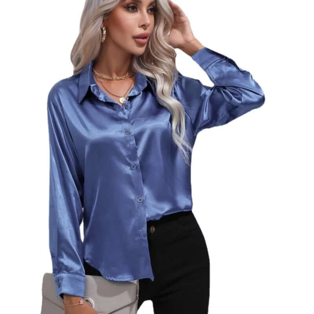 Women's Loose Fit Long Sleeve Satin Blouse