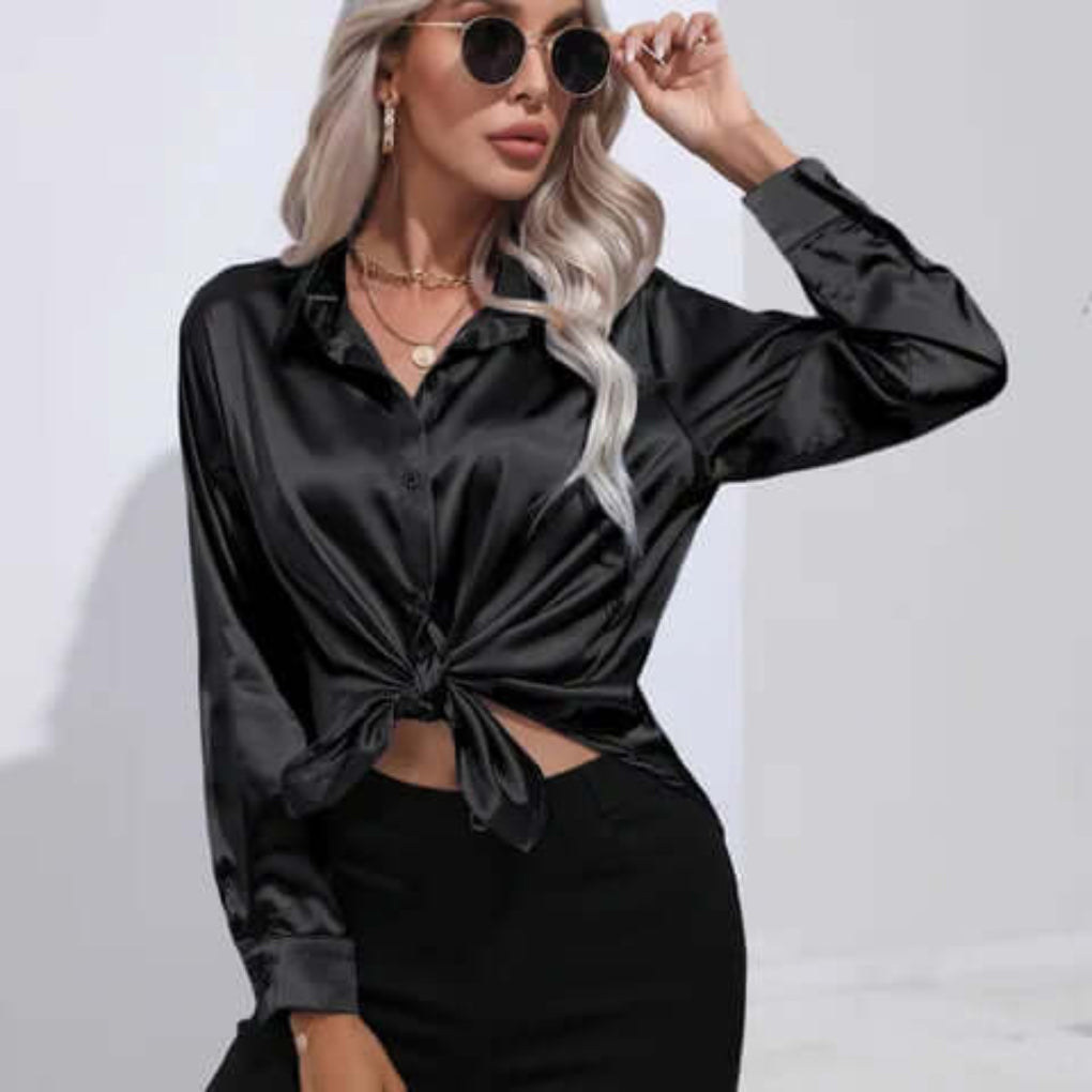 Women's Loose Fit Long Sleeve Satin Blouse