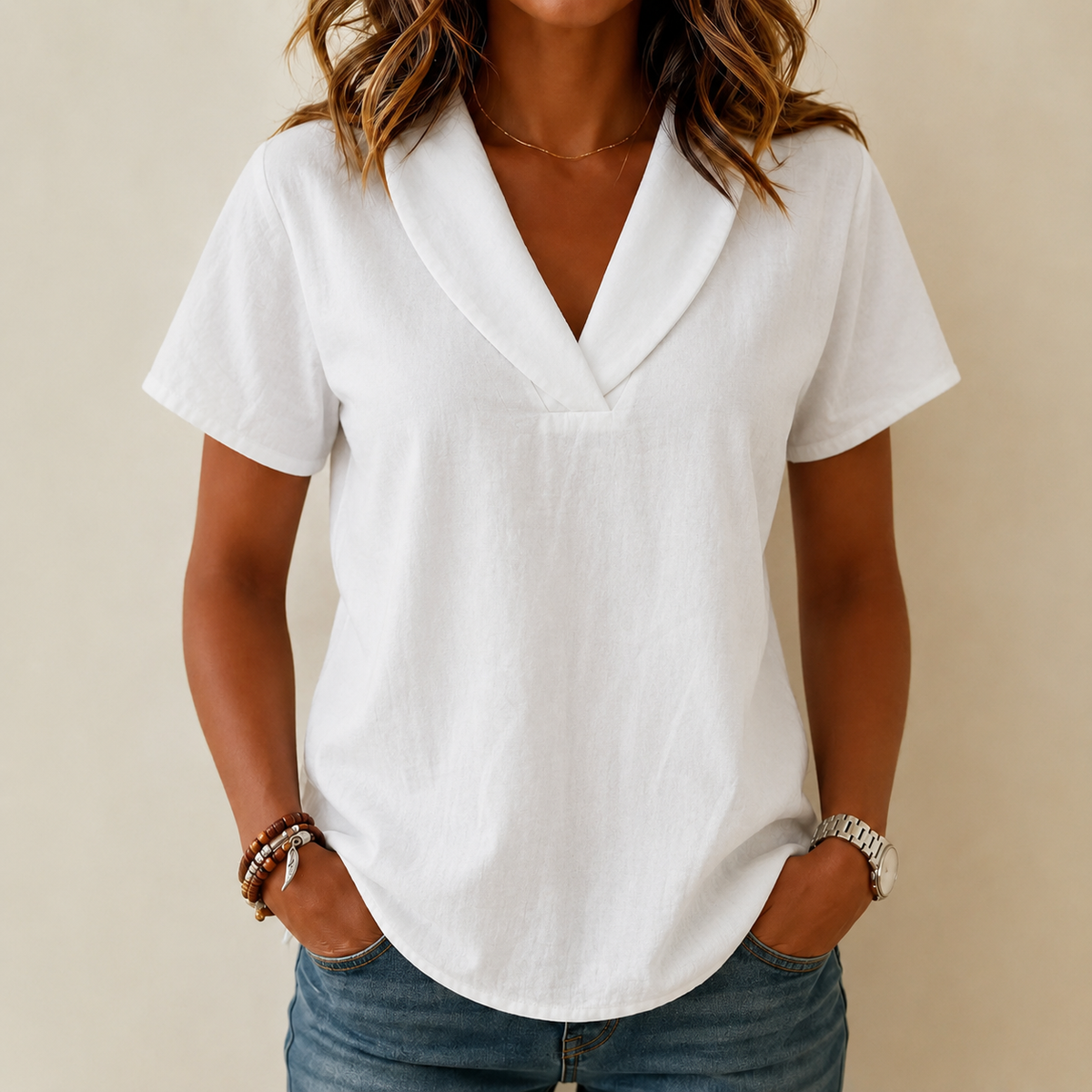 Women's Loose-Fit Textured Shawl V-Neck Summer T-Shirt