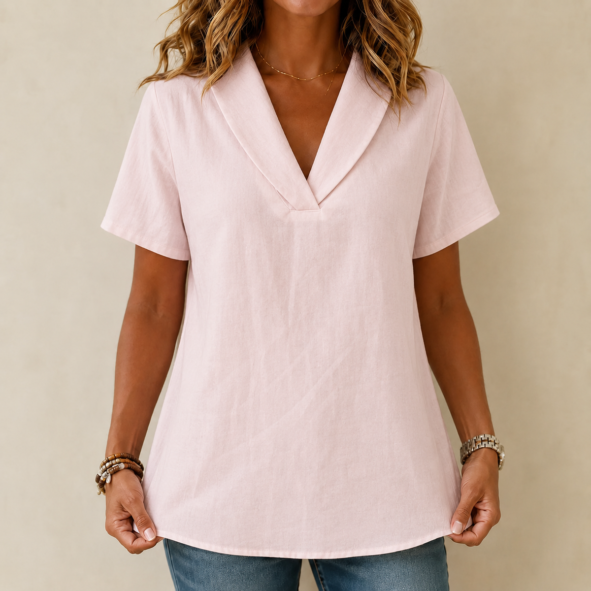 Women's Loose-Fit Textured Shawl V-Neck Summer T-Shirt