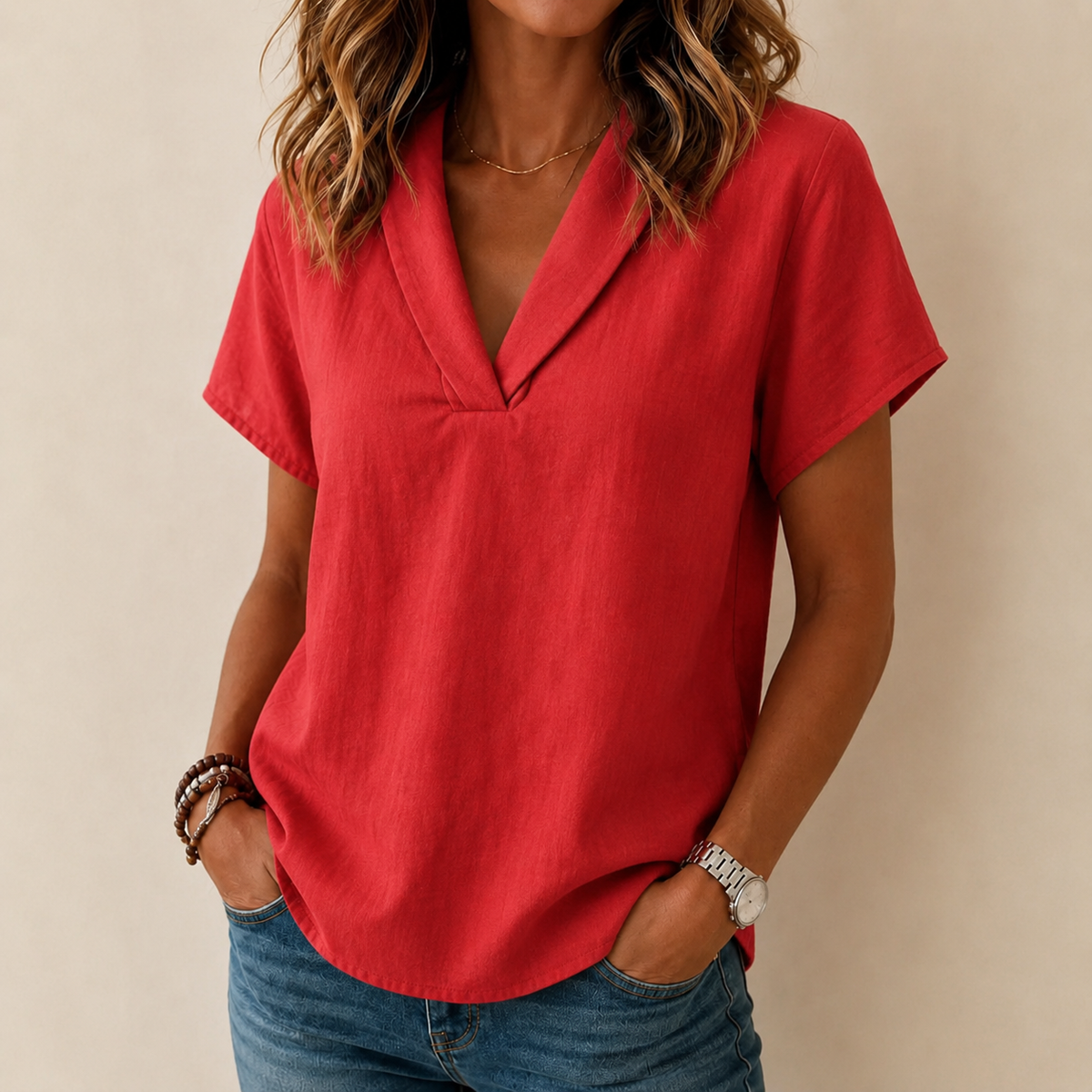 Women's Loose-Fit Textured Shawl V-Neck Summer T-Shirt