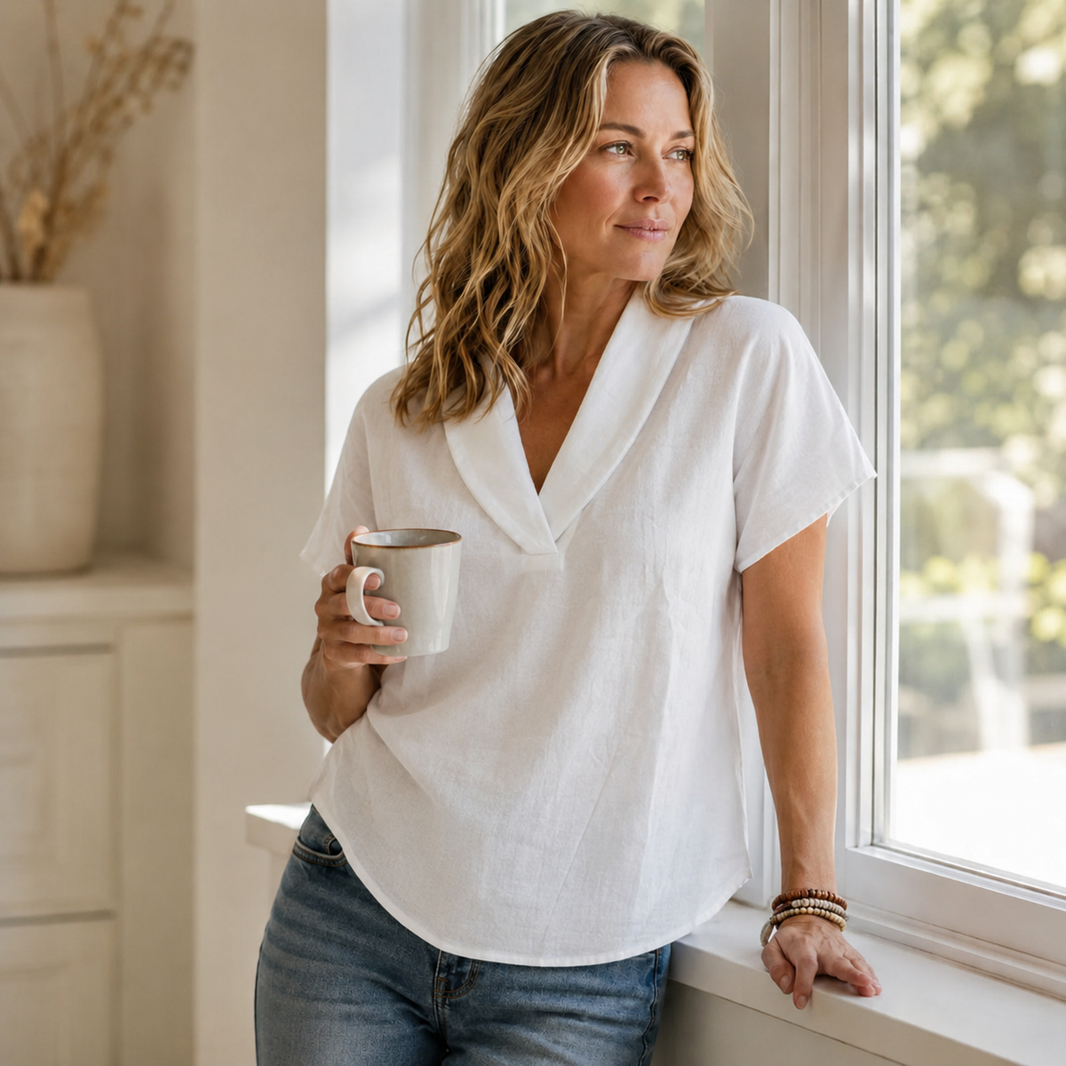Women's Loose-Fit Textured Shawl V-Neck Summer T-Shirt