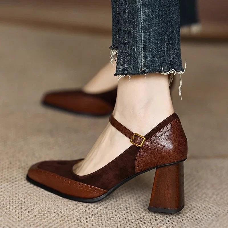 Women's Mary Jane Block Heel Pumps with Square Toe and Buckle Strap