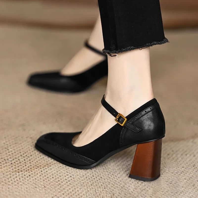 Women's Mary Jane Block Heel Pumps with Square Toe and Buckle Strap