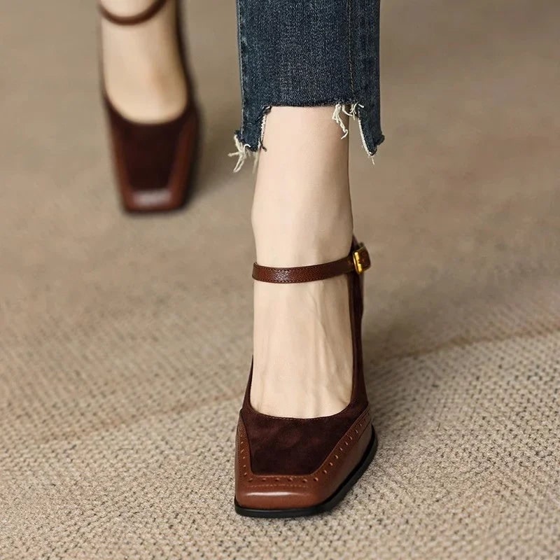 Women's Mary Jane Block Heel Pumps with Square Toe and Buckle Strap