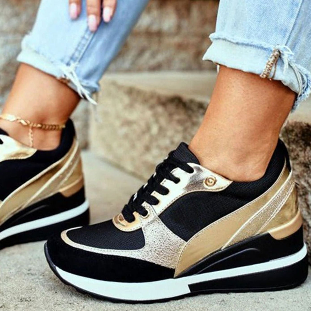 Women's Metallic Panel Lace-Up Wedge Sneakers