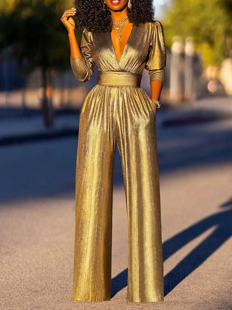 Women's Metallic V-Neck Wide-Leg Jumpsuit
