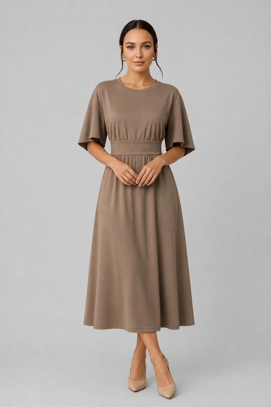 Women's Midi Dress with Wide Sleeves and Belt
