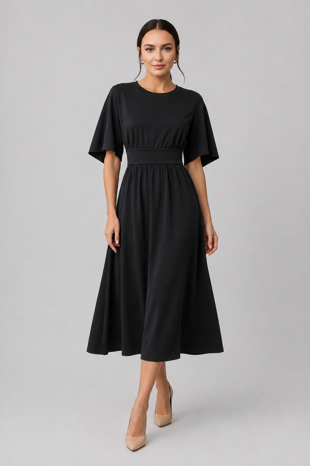 Women's Midi Dress with Wide Sleeves and Belt