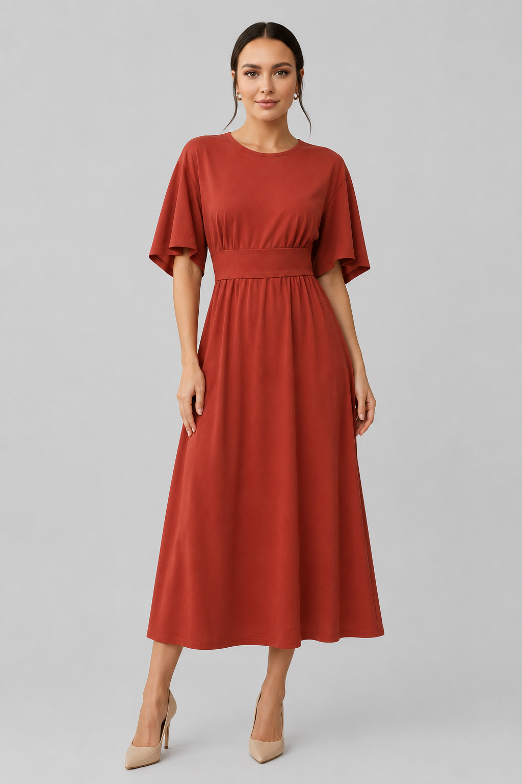 Women's Midi Dress with Wide Sleeves and Belt