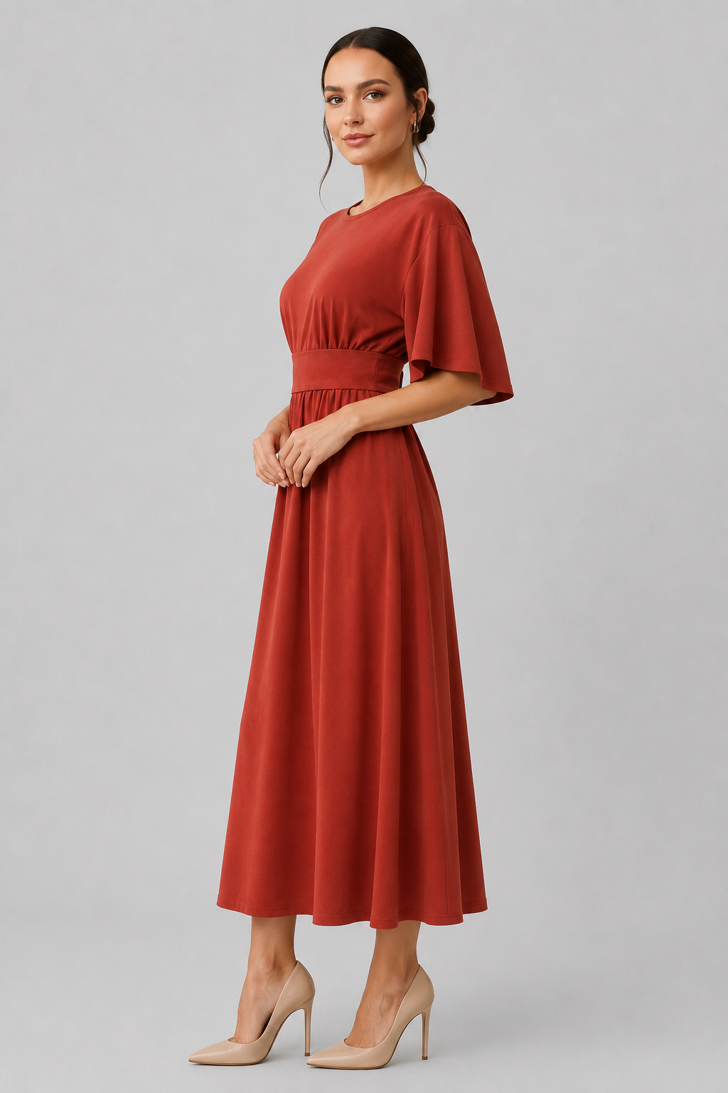 Women's Midi Dress with Wide Sleeves and Belt