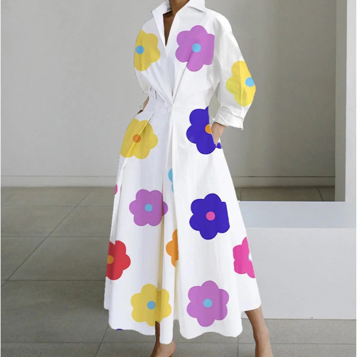 Women's Newspaper Print Collared Wrap Maxi Dress