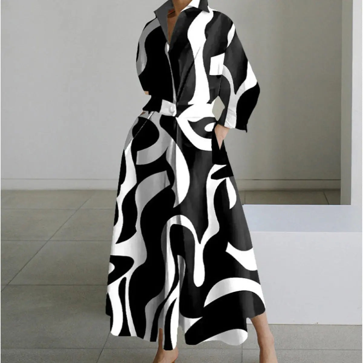 Women's Newspaper Print Collared Wrap Maxi Dress