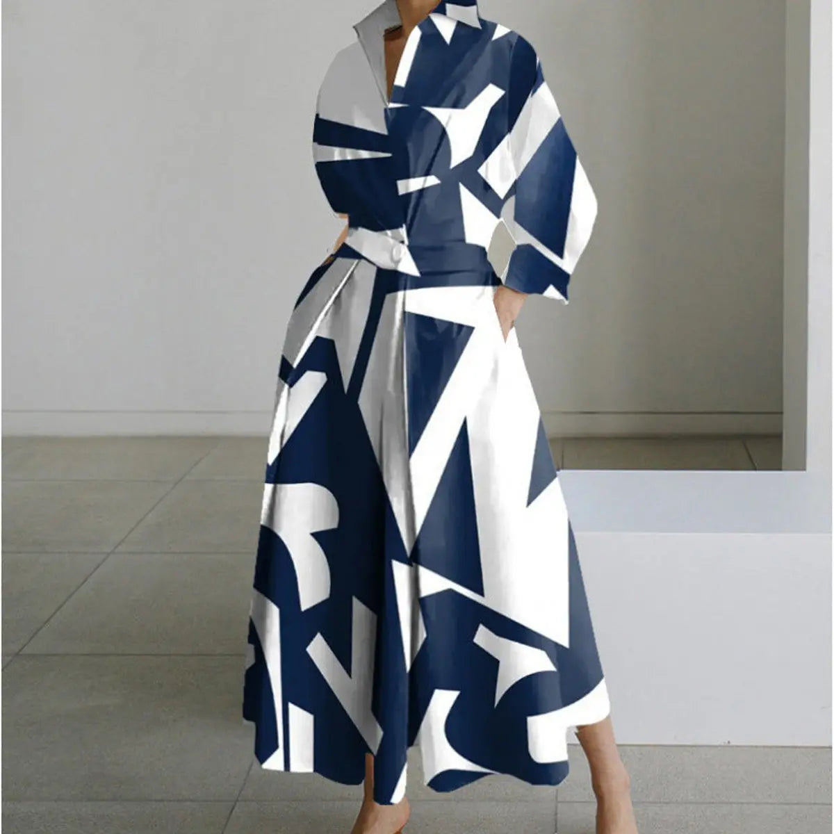 Women's Newspaper Print Collared Wrap Maxi Dress