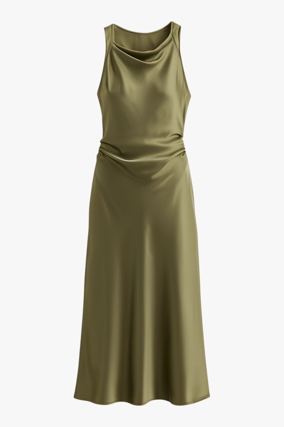 Women's Olive Green Satin Casual Summer Midi Tank Sundress