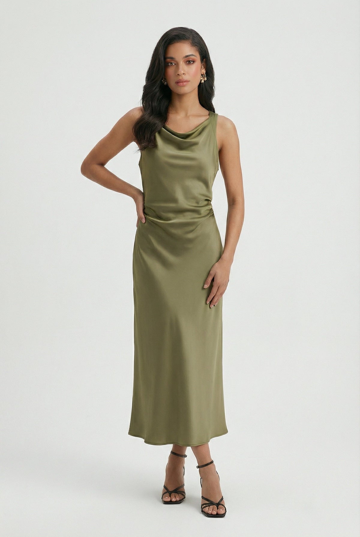 Women's Olive Green Satin Casual Summer Midi Tank Sundress