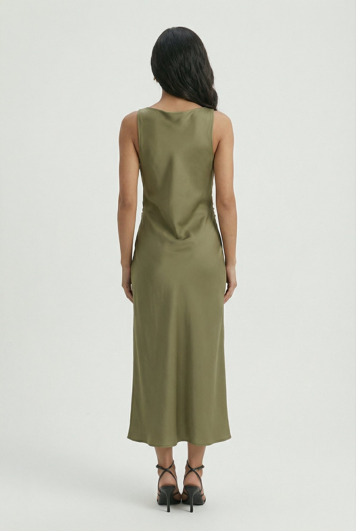 Women's Olive Green Satin Casual Summer Midi Tank Sundress