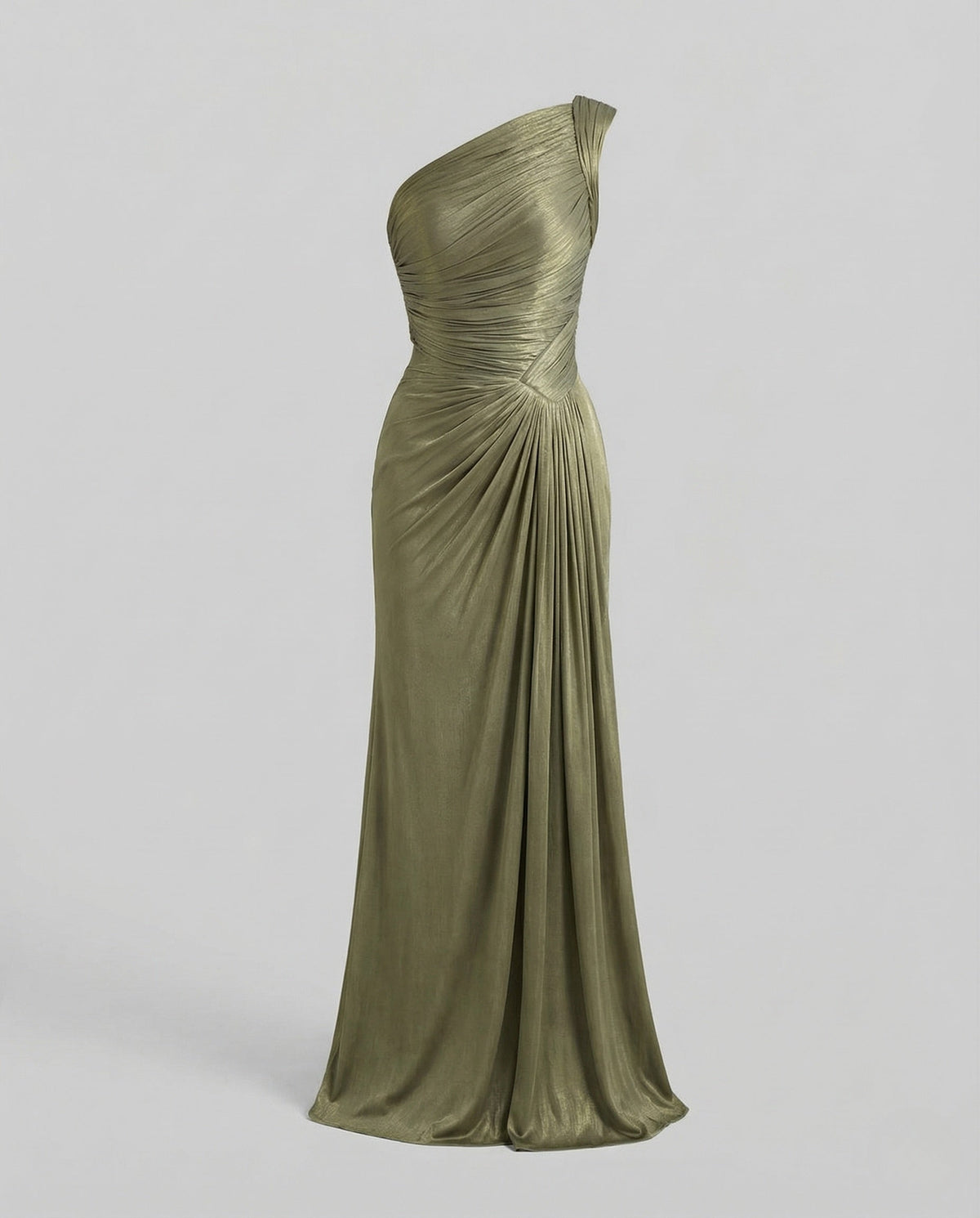 Women's One-Shoulder Draped Maxi Evening Dress with Leg Slit – Olive