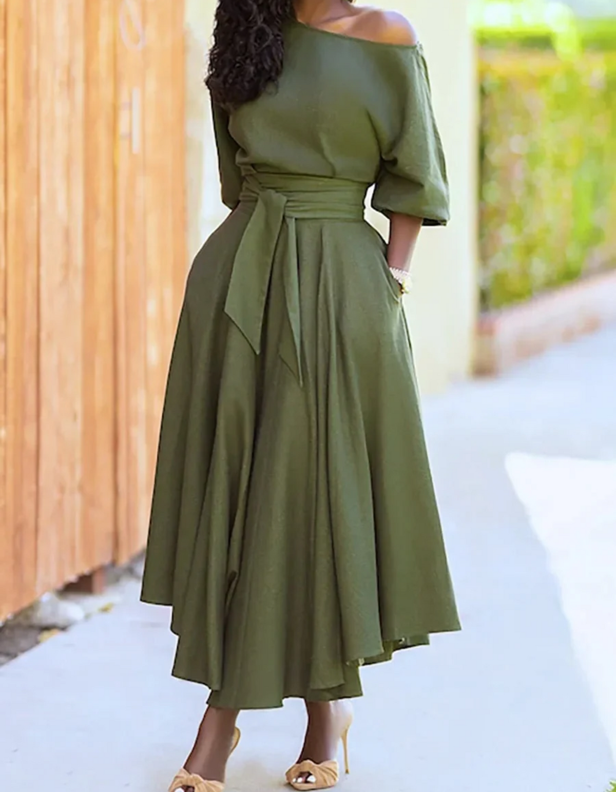 Women's One-Shoulder Midi Dress with Tie Belt and Pockets