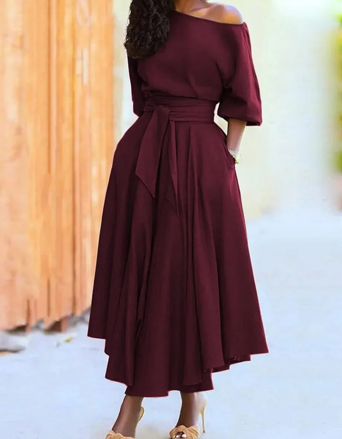 Women's One-Shoulder Midi Dress with Tie Belt and Pockets