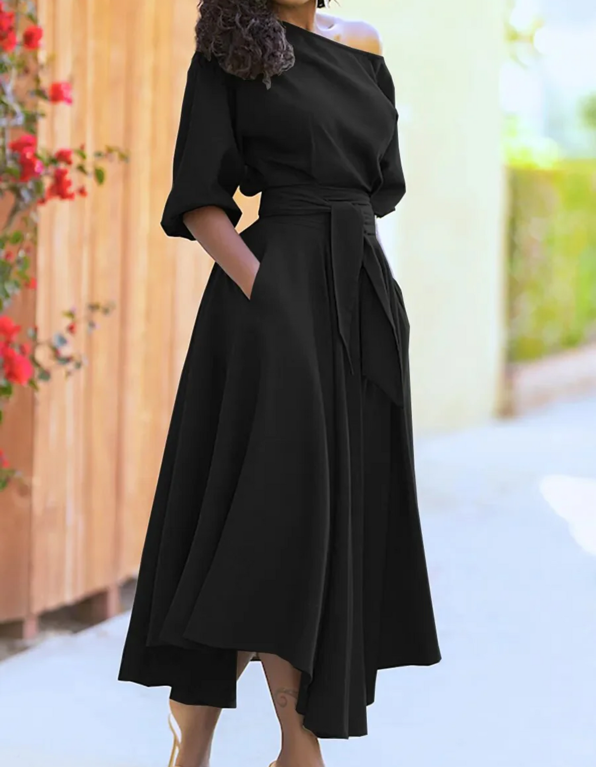 Women's One-Shoulder Midi Dress with Tie Belt and Pockets